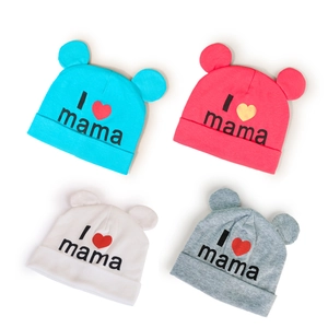 Baby knit beanie hat with bear ears and I love mama print in four assorted colors