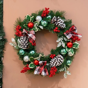 50cm American country style Christmas wreath with red ornaments and plaid bow decoration
