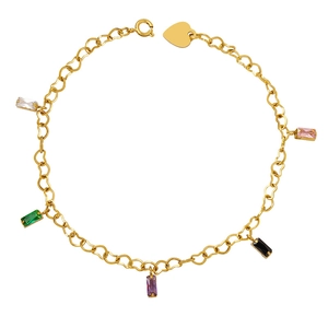 Gold heart link bracelet with colorful rectangular zircon gemstones and a heart charm