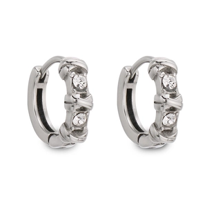Silver criss-cross hoop earrings with sparkling cubic zirconia stones in minimalist style