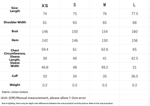 Detailed size chart for linen V-neck shirt and wide leg pants set with measurements