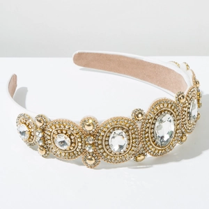 Detailed macro view of luxury Baroque white satin headband with crystals and gold beads