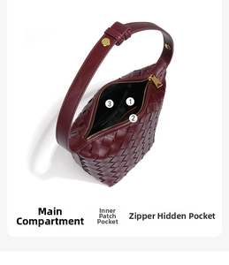 Interior detail of the woven leather bag showing the main pocket and zipper compartment