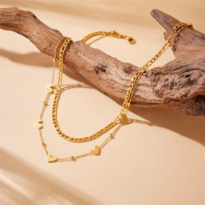 Double layer gold plated stainless steel heart necklace with chic flat chain detail