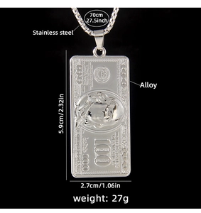 Silver 100 dollar bill necklace dimensions 5.9x2.7cm and 70cm stainless steel chain