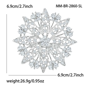 Detail view of silver rhinestone sunflower brooch showing size 6.9cm and weight 26.9g