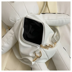 Detail showing the back zipper opening of a white PU leather bear-shaped backpack