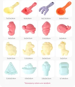 Detailed grid of assorted candy-colored sand molds with dimensions and tool sizes