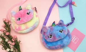 Detail of soft plush unicorn crossbody bag with embroidery and adjustable strap