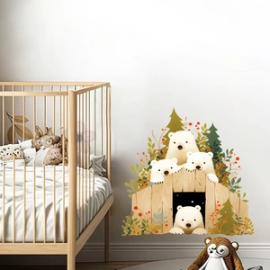 Stickers muraux ours polaire de Noël pour chambre d'enfant avec sapins et berceau