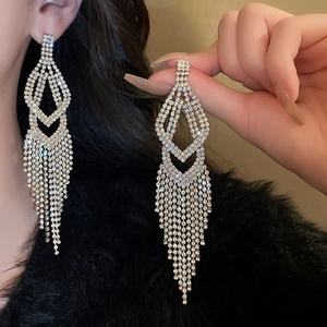 Elegant silver long tassel drop earrings with sparkling rhinestones for women
