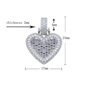 Hip hop heart zircon pendant necklace with box chain dimensions 17x23mm in silver finish
