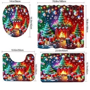 Christmas shower curtain and bath mat set with size specifications in centimeters and inches