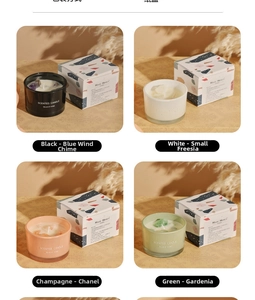 Set of four luxury scented candles in glass jars with elegant packaging for gifts
