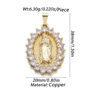 Detailed view of 14K gold plated Virgin Mary pendant with dimensions and weight specs