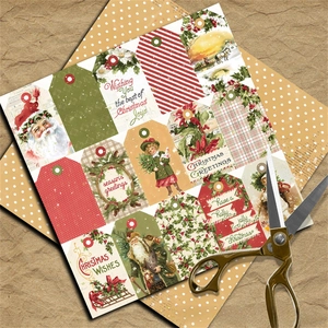 Close-up of 12 vintage Christmas gift tags featuring Santa and holly for DIY scrapbooking