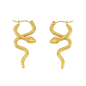 French style gold snake hoop earrings with detailed scale texture in polished titanium steel