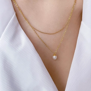 French style double layer gold chain necklace with white pearl pendant for women