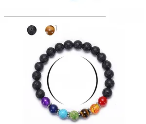 Detailed view of 8mm lava stone chakra bracelet with size 6.6 inches and weight specs