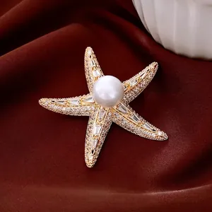 Starfish Brooch Pin 14K Gold Plated Copper With Imitation Artificial Pearl And Cubic Zirconia Elegant Fashion Jewelry For Women