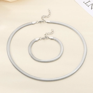 Detail view of silver snake bone chain necklace and bracelet set on silk background