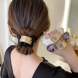 Minimalist fabric hair scrunchies with gold metal ring detail for women hairstyles