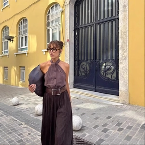 Halter Button Up Top And Pleated High Waist Wide Leg Pants Polyester Twill Casual Chic Streetwear For Women