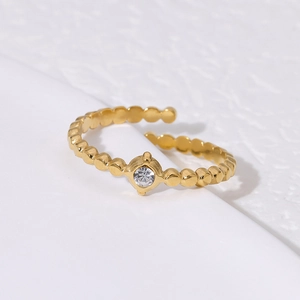 Minimalist 18K gold plated stainless steel open ring with a round zircon stone