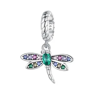 S925 sterling silver dragonfly pendant charm with colorful cubic zirconia stones