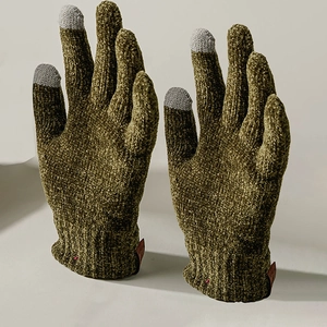 Olive green knit gloves with touch screen compatible fingertips and warm fuzzy texture