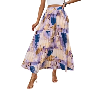 Summer high waist pleated maxi skirt with abstract oil painting print in purple and blue