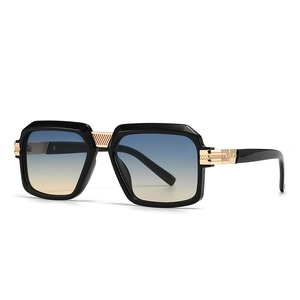 Retro square black frame sunglasses for men with orange gradient lenses and gold mesh detail
