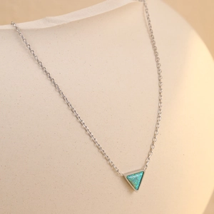 Minimalist silver stainless steel necklace with triangular blue-green opal pendant stone