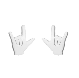 I LOVE YOU gesture stud earrings in 18K plated stainless steel with silver edging