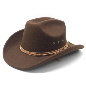 Retro dark brown wool felt western cowboy hat with wide brim and leather cord band