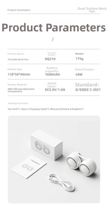 Detailed specifications for portable neck fan with 1600mAh battery and Type-C cable included
