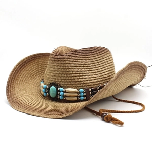 Classic Western straw cowboy hat with ethnic turquoise band and adjustable wind rope