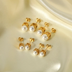Minimalist 18K gold plated stainless steel pearl stud earrings in four assorted sizes