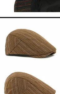 Detailed views of wool flat cap with retro brown herringbone texture and stitching