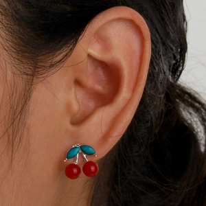 Cute 3D Cherry Stud Earrings For Women Alloy Resin Sweet Red White Fruit Fashion Jewelry