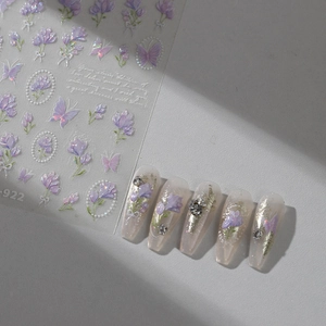 3D Relief Papillon Mauve Fleur Ongles Stickers Holographique Laser Transparent Auto-Adhésif Décalcomanies Manucure DIY