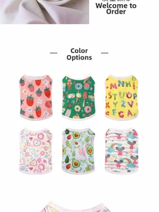 Detail view of breathable cotton pet vests in six colorful patterns for small dogs and cats
