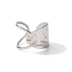 Minimalist geometric open ring in silver stainless steel with irregular hammered texture