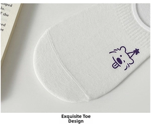 Detailed macro view of the cute purple cartoon bear print on white cotton ankle socks