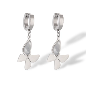 Detail of silver butterfly earrings with gray mother of pearl wings on white background