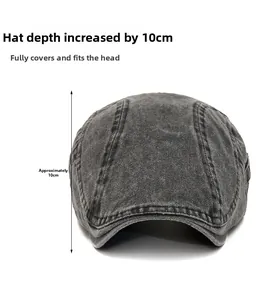 Detail of grey washed denim flat cap showing 10cm depth and vintage texture