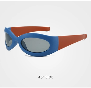 Detailed 45-degree side view of matte blue and orange sports sunglasses with gray lenses