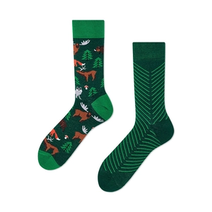 Detail view of cotton mid-calf socks with mismatched forest animals and chevron pattern