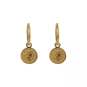 Gold stainless steel Elizabeth II coin earrings for women on a white background