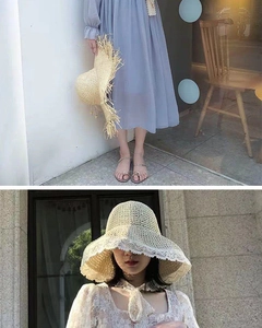 Detail of straw sun hat featuring elegant white lace trim and wood-colored woven texture
